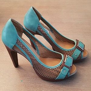 naughty monkey Teal and Brown Cutout Peep-Toe Heels